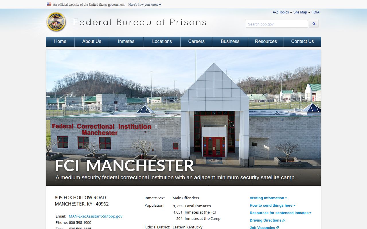 FCI Manchester federal release records and BOP facility complex