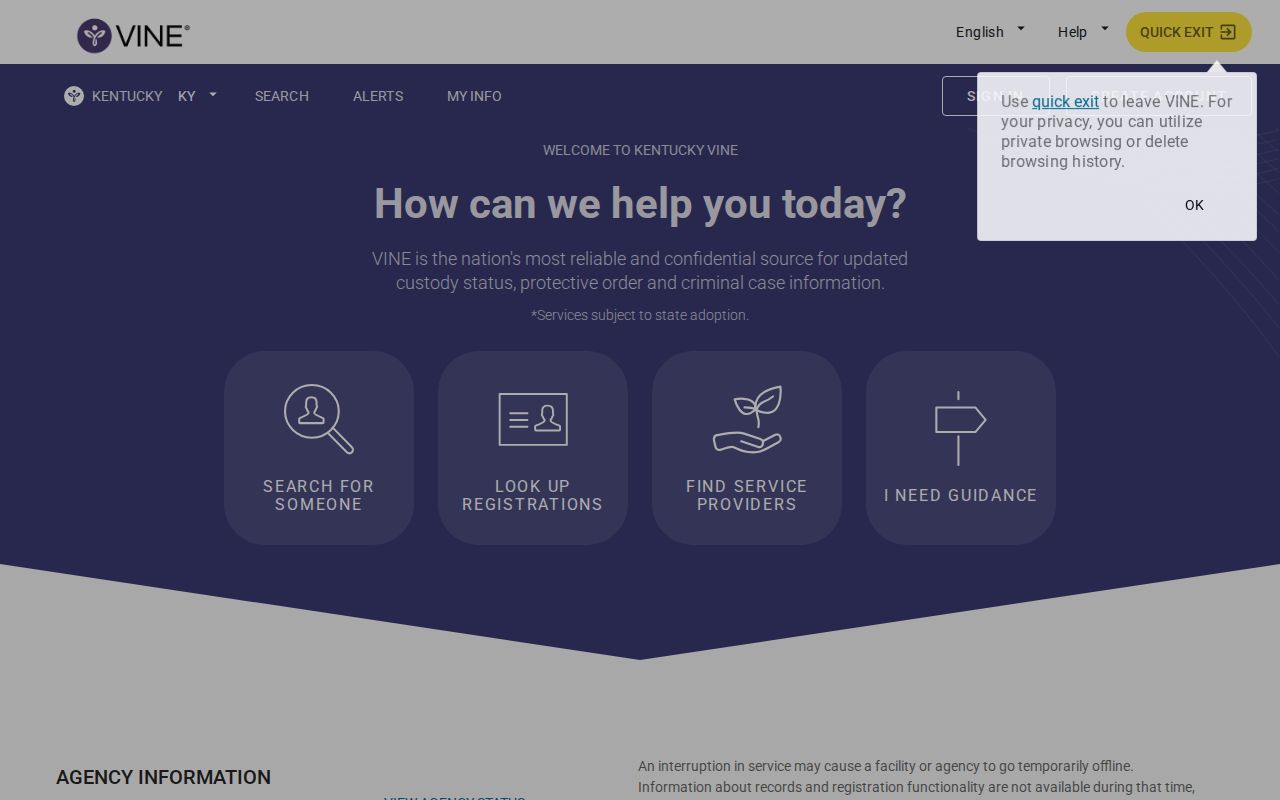 Kentucky VINELink custody search screen